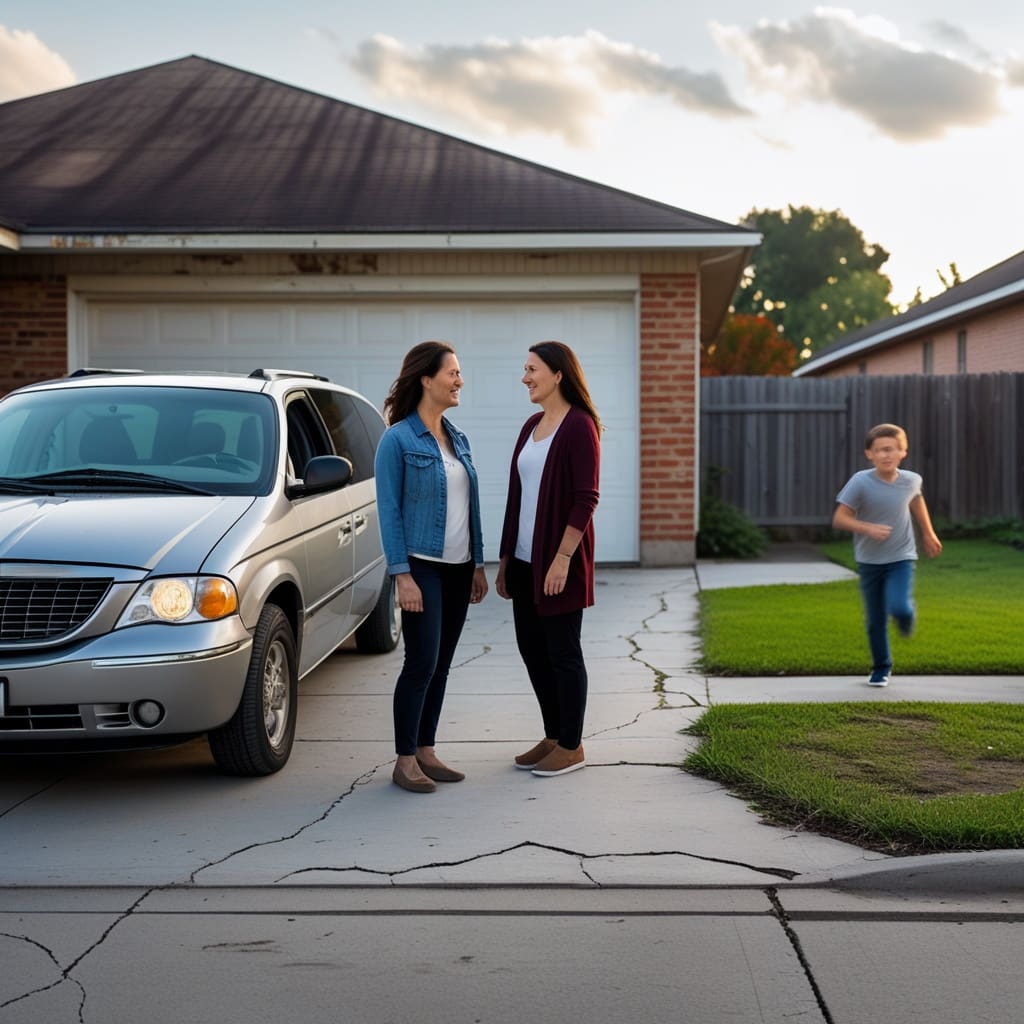 A parent and another parent talking casually outside near a car before a children's playdate, with kids visible in the background.