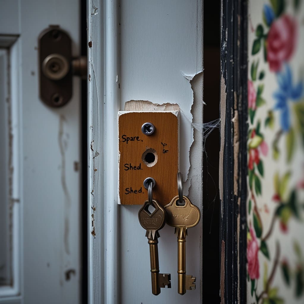 Close-up of a hand-labeled key hook by a back door holding a distinctive small safe key separately from house keys..