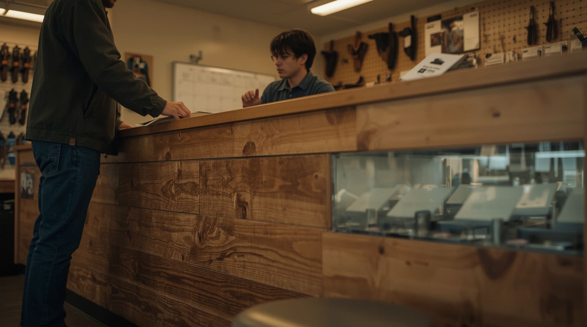 Gun shop buyer reviewing purchase paperwork with licensed dealer at counter