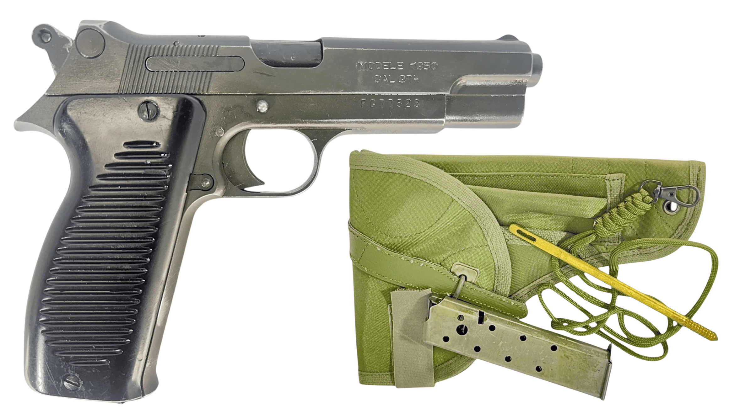 NAVY ARMS MAC 50 PISTOLS SURPLUS 9MM PISTOL W/ HLSTER, CLEANING KIT, LANYARD, ORIGINAL FRENCH MANUAL
