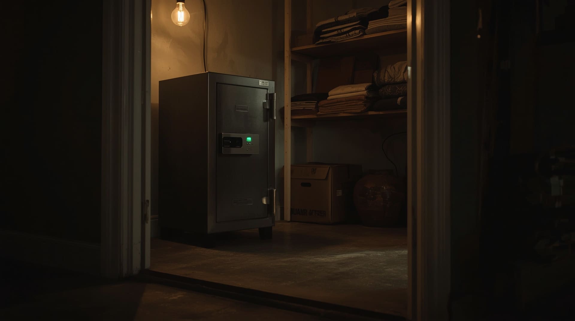 Locked biometric gun safe in a residential utility room with controlled access